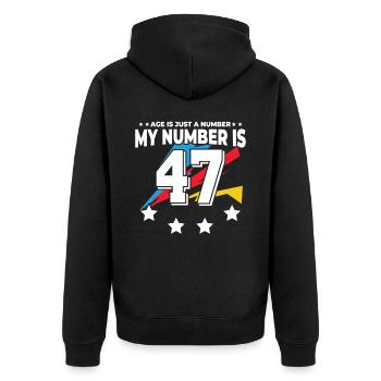 L’âge n’est qu’un chiffre - 47e anniversaire - Veste à capuche bio Premium Unisexe - noir - Dos - Nico (187cm)