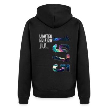 Limited Edition 1975 Juli Geburtstag Nordlichter - Unisex Premium Bio Zip Hoodie - Schwarz - Hinten - Nico (187cm)