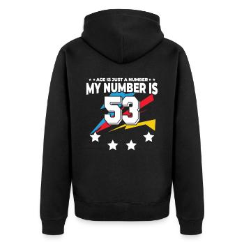 L’âge n’est qu’un chiffre – 53e anniversaire - Veste à capuche bio Premium Unisexe - noir - Dos - Nico (187cm)