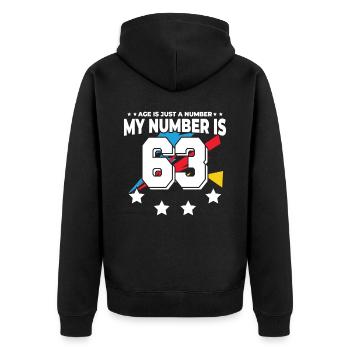 Alter Ist Nur Zahl - 63. Geburtstag - Unisex Premium Bio Zip Hoodie - Schwarz - Hinten - Nico (187cm)