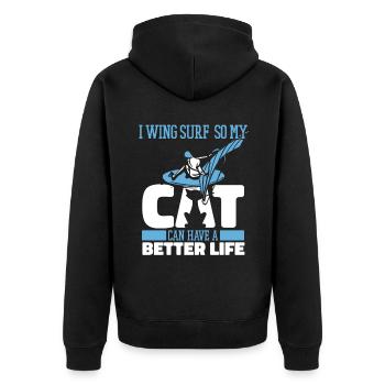 Wing Surf Wing Foil Katze - Unisex Premium Bio Zip Hoodie - Schwarz - Hinten - Nico (187cm)