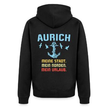 Aurich Sprüche Auricher Spruch - Unisex Premium Bio Zip Hoodie - Schwarz - Hinten - Nico (187cm)