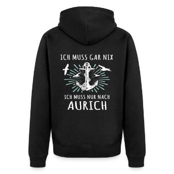 Aurich Sprüche Auricher Spruch - Unisex Premium Bio Zip Hoodie - Schwarz - Hinten - Nico (187cm)