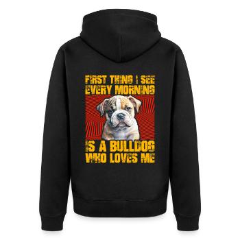 First thing I see in the morning is a Bulldog - Unisex Premium Bio Zip Hoodie - Schwarz - Hinten - Nico (187cm)
