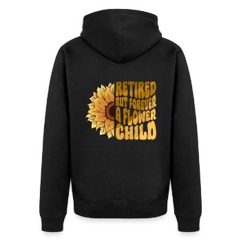 Im Ruhestand, aber für immer ein Blumenkind - - Unisex Premium Bio Zip Hoodie - Schwarz - Hinten - Nico (187cm)