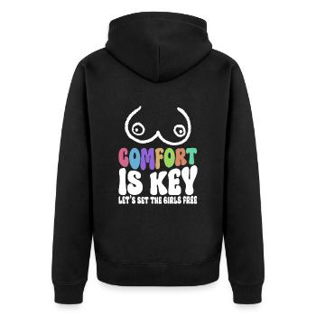 Comfort Is Key Let's Set The Girls Free - Kein Bra - Unisex Premium Organic Zip Hoodie - black - Back - Nico (187cm)