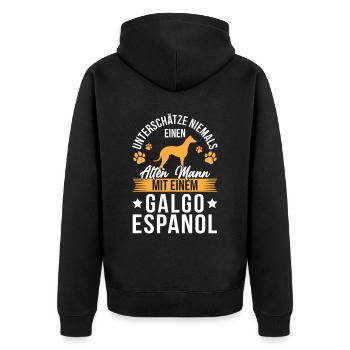 Alter Mann mit Galgo Espanol Spanischer Windhund - Unisex Premium Bio Zip Hoodie - Schwarz - Hinten - Nico (187cm)