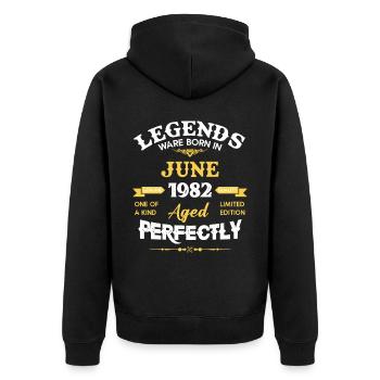 Vintage Aged To Perfection Juni 1982 - Unisex Premium Bio Zip Hoodie - Schwarz - Hinten - Nico (187cm)