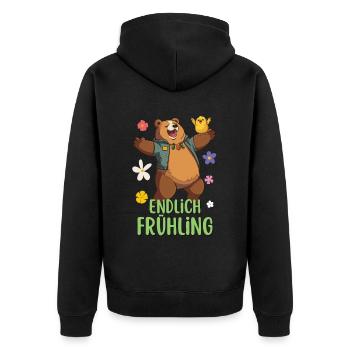 "Endlich Frühling" Lustiger Spruch mit cartoon Bär - Unisex Premium Bio Zip Hoodie - Schwarz - Hinten - Nico (187cm)