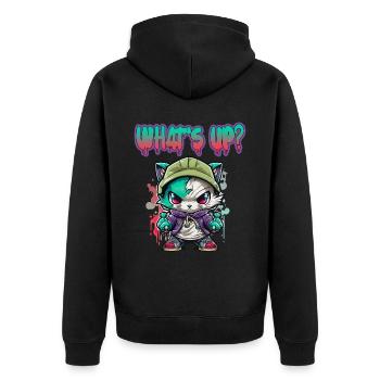 Streetstyle Katze Graffiti What Up Streetart - Unisex Premium Bio Zip Hoodie - Schwarz - Hinten - Nico (187cm)