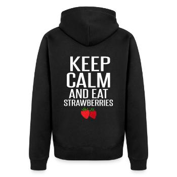 Bleib ruhig und iss Erdbeeren - Unisex Premium Bio Zip Hoodie - Schwarz - Hinten - Nico (187cm)