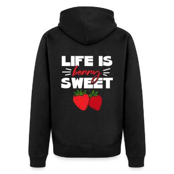 Das Leben ist eine süße Erdbeere - Unisex Premium Bio Zip Hoodie - Schwarz - Hinten - Nico (187cm)