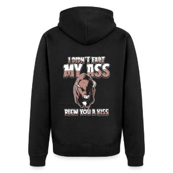 Bison Büffel Lustig - Unisex Premium Bio Zip Hoodie - Schwarz - Hinten - Nico (187cm)