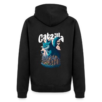 Catzilla Unleashed Funny Cartoon-Style Feline - Unisex Premium Bio Zip Hoodie - Schwarz - Hinten - Nico (187cm)