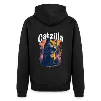 Catzilla Unleashed Funny Cartoon-Style Feline - Unisex Premium Bio Zip Hoodie - Schwarz - Hinten - Nico (187cm)
