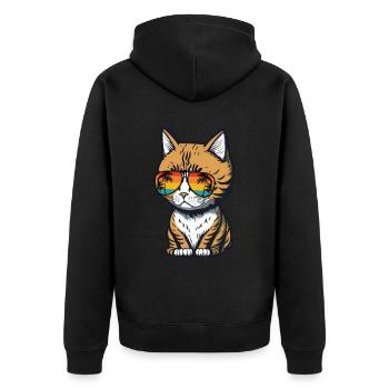 Cool Feline in Shades: Whiskered Purrfection - Unisex Premium Bio Zip Hoodie - Schwarz - Hinten - Nico (187cm)