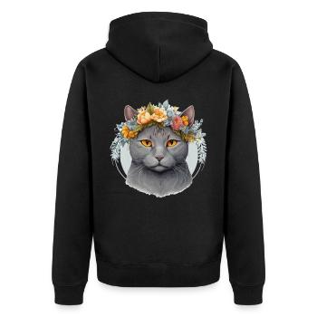 Cute Chartreux Cat Flower Crown Cats Pet Kitten - Unisex Premium Organic Zip Hoodie - black - Back - Nico (187cm)