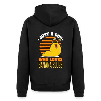 Nur ein Junge, der Bananenschnecken liebt - Unisex Premium Bio Zip Hoodie - Schwarz - Hinten - Nico (187cm)