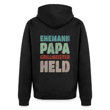 Ehemann Papa Grillmeister Held Retro Vatertag - Unisex Premium Bio Zip Hoodie - Schwarz - Hinten - Nico (187cm)