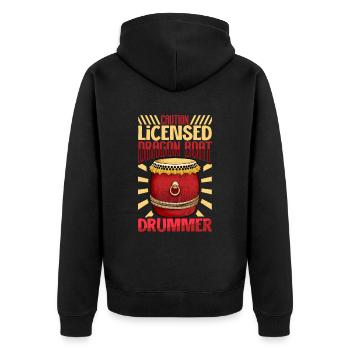 Achtung - geprüfter Drachenboot Trommler - Unisex Premium Bio Zip Hoodie - Schwarz - Hinten - Nico (187cm)