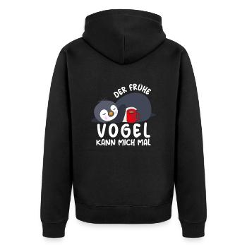 Der Frühe Vogel kann mich mal Pinguin - Unisex Premium Bio Zip Hoodie - Schwarz - Hinten - Nico (187cm)