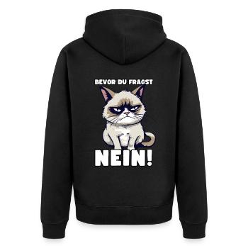 Grump Cat - Bevor Du Fragst Nein! Zynischer Spruch - Unisex Premium Bio Zip Hoodie - Schwarz - Hinten - Nico (187cm)