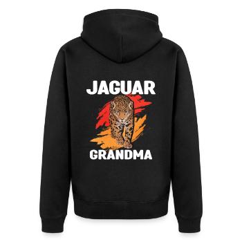 Jaguar Oma - Unisex Premium Bio Zip Hoodie - Schwarz - Hinten - Nico (187cm)