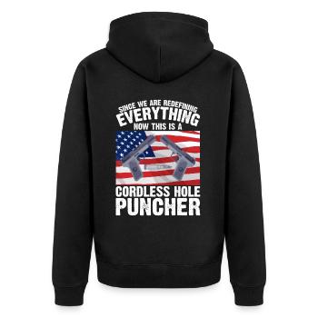 Dies Ist Ein Schnurloser Lochpuncher - Unisex Premium Bio Zip Hoodie - Schwarz - Hinten - Nico (187cm)