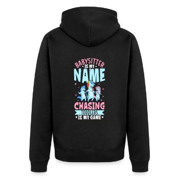 Avec licorne - Je suis baby-sitter - Veste à capuche bio Premium Unisexe - noir - Dos - Nico (187cm)