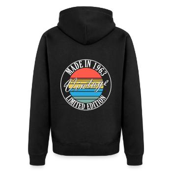 Original vintage, which was founded in 1963 - Unisex Premium Organic Zip Hoodie - black - Back - Nico (187cm)