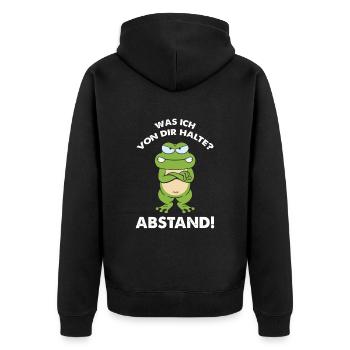 Frosch Kaffee Was ich von dir halte Abstand - Unisex Premium Bio Zip Hoodie - Schwarz - Hinten - Nico (187cm)