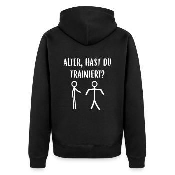 Alter Hast Du Trainiert Bodybuilder Strichmännchen - Unisex Premium Bio Zip Hoodie - Schwarz - Hinten - Nico (187cm)