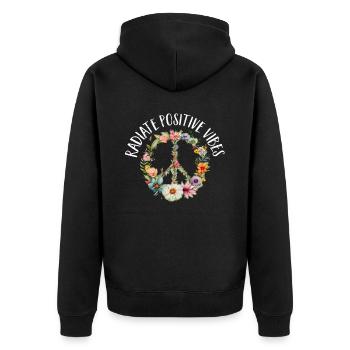 Hippie Peace Zeichen Frieden Blumen Blumenkind - Unisex Premium Bio Zip Hoodie - Schwarz - Hinten - Nico (187cm)