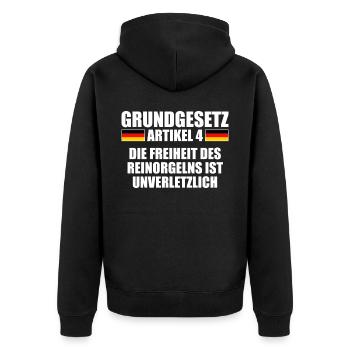 Grundgesetz Artikel 4 Mallorcaurlaub Unantastbar - Unisex Premium Bio Zip Hoodie - Schwarz - Hinten - Nico (187cm)