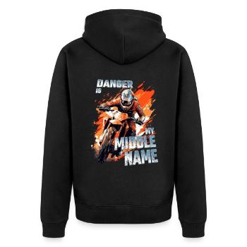 Danger Is My Middle Name Dirtbike Motocross Spruch - Unisex Premium Bio Zip Hoodie - Schwarz - Hinten - Nico (187cm)