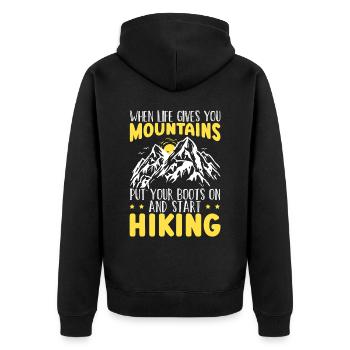 Wandern Berge Klettern Wandertrek Ich liebe Wandern - Unisex Premium Bio Zip Hoodie - Schwarz - Hinten - Nico (187cm)