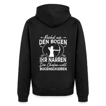 Reichet mir den Bogen Chefin will Bogenschießen - Unisex Premium Bio Zip Hoodie - Schwarz - Hinten - Nico (187cm)
