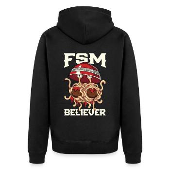 Fliegendes Spaghettimonster Pastafarianismus FSM - Unisex Premium Bio Zip Hoodie - Schwarz - Hinten - Nico (187cm)