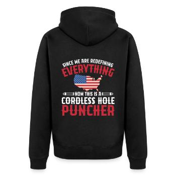 Dies Ist Ein Schnurloser Lochpuncher - Unisex Premium Bio Zip Hoodie - Schwarz - Hinten - Nico (187cm)