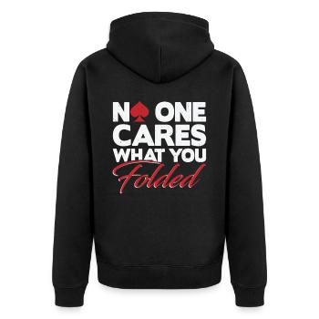 Niemand kümmert sich darum, was du gefaltet hast - Unisex Premium Bio Zip Hoodie - Schwarz - Hinten - Nico (187cm)
