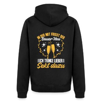 In der Not frisst der Bauer Heu, Ich trinke Sekt - Unisex Premium Bio Zip Hoodie - Schwarz - Hinten - Nico (187cm)