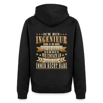 Ingenieur Lustig Spruch Geschenkidee - Unisex Premium Bio Zip Hoodie - Schwarz - Hinten - Nico (187cm)