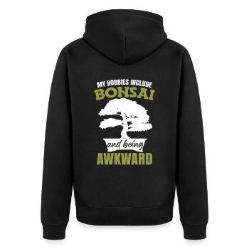 Zu meinen Hobbys gehören Bonsai - Unisex Premium Bio Zip Hoodie - Schwarz - Hinten - Nico (187cm)
