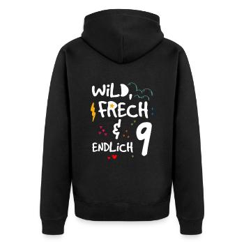 Wild Frech & endlich 9 Kindergeburtstag - Unisex Premium Bio Zip Hoodie - Schwarz - Hinten - Nico (187cm)