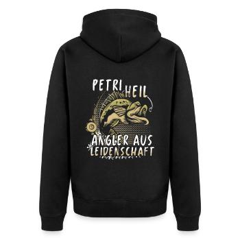 Angeln Geschenk Fischer Angler Petri Heil Rute - Unisex Premium Bio Zip Hoodie - Schwarz - Hinten - Nico (187cm)