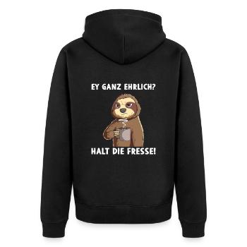 Ey ganz ehrlich? Halt die Fresse Ironie Fluchen - Unisex Premium Bio Zip Hoodie - Schwarz - Hinten - Nico (187cm)