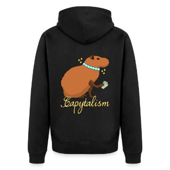 Capybara Kapitalismus Capybaras - Unisex Premium Bio Zip Hoodie - Schwarz - Hinten - Nico (187cm)