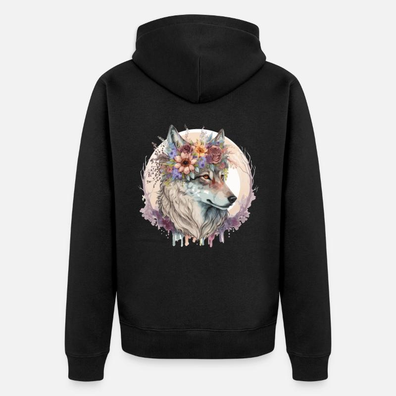 Fleur de loup mignon Couronne Boho Esthétique Animal Lover - Veste à capuche bio Premium Unisexe - noir
