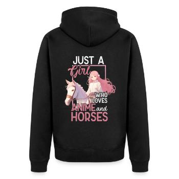 Pferde Mädchen Anime Spruch mit Manga Zeichnung - Unisex Premium Bio Zip Hoodie - Schwarz - Hinten - Nico (187cm)