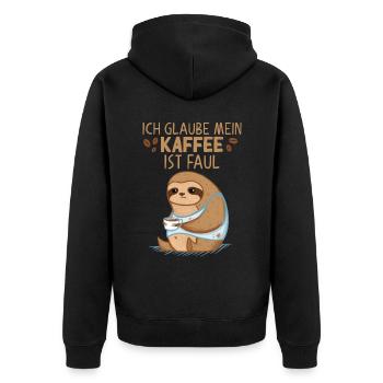 Kaffee Faultier Spruch mein Kaffee ist faul - Unisex Premium Bio Zip Hoodie - Schwarz - Hinten - Nico (187cm)